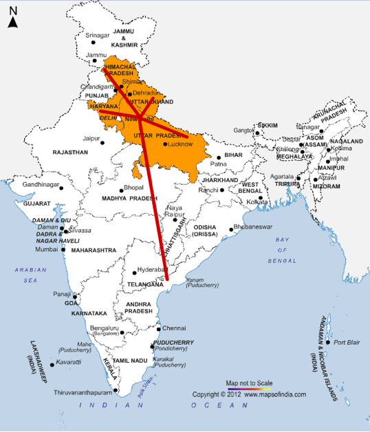 Intian kartassa punaiset viivat osoittavat alueita, joihin matkustamme. Keltaiset alueet ovat osavaltioita, joissa meillä on kussakin useita työkohteita.